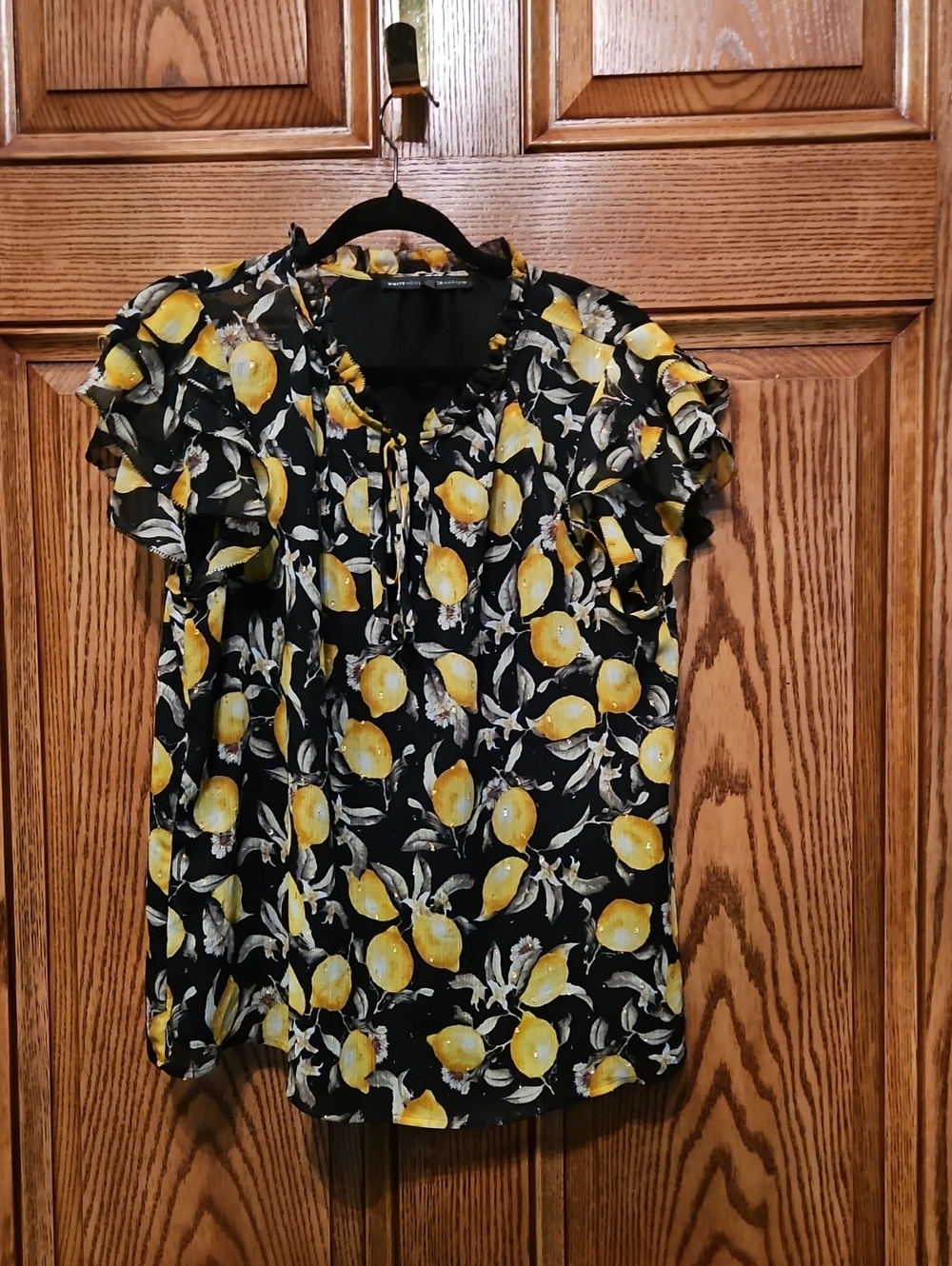 White House Black Market Black Lemon-Print Ruffle Sleeve Blouse